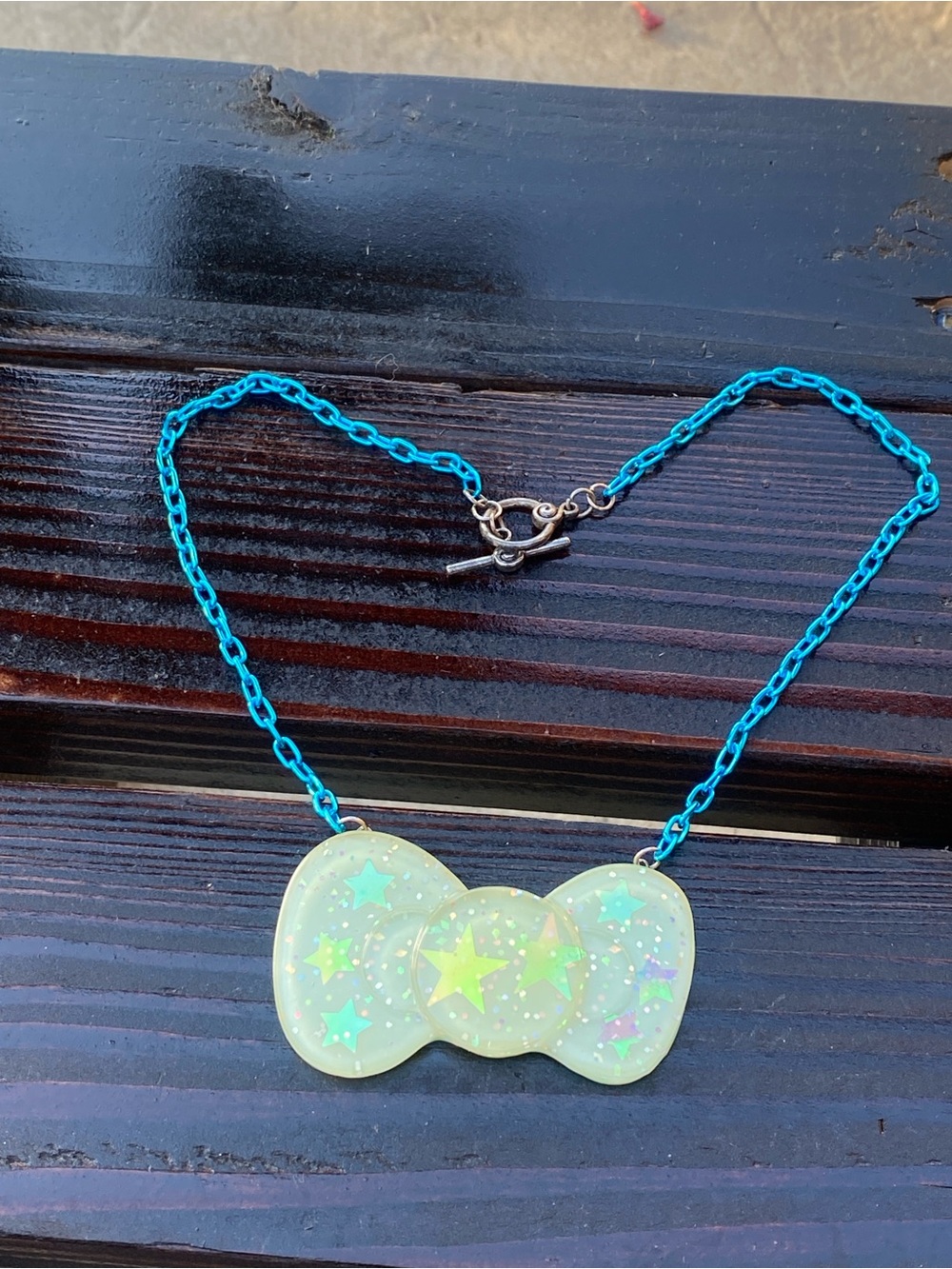 Blue Chain Necklace with Iridescent Star Resin Pendant Hand made